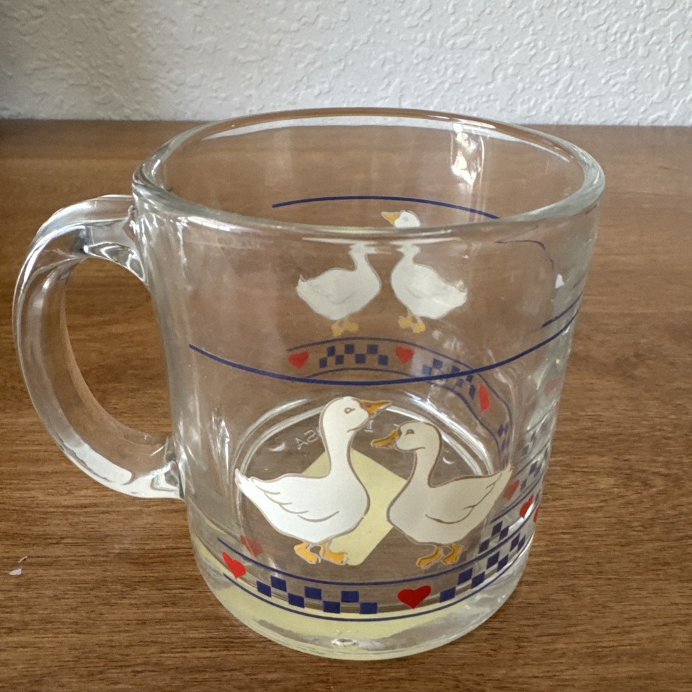 Vintage Libbey Country Geese Coffee mug  glass checkered & Hearts Made in USA. - Picture 5 of 9